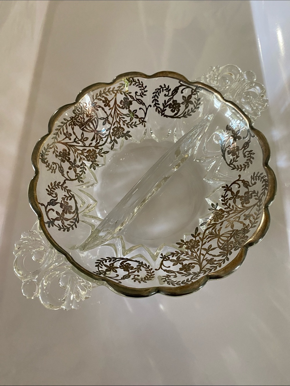 Vintage New Martinsville “Janice” Glass Divided Relish Dish with Silver Overlay